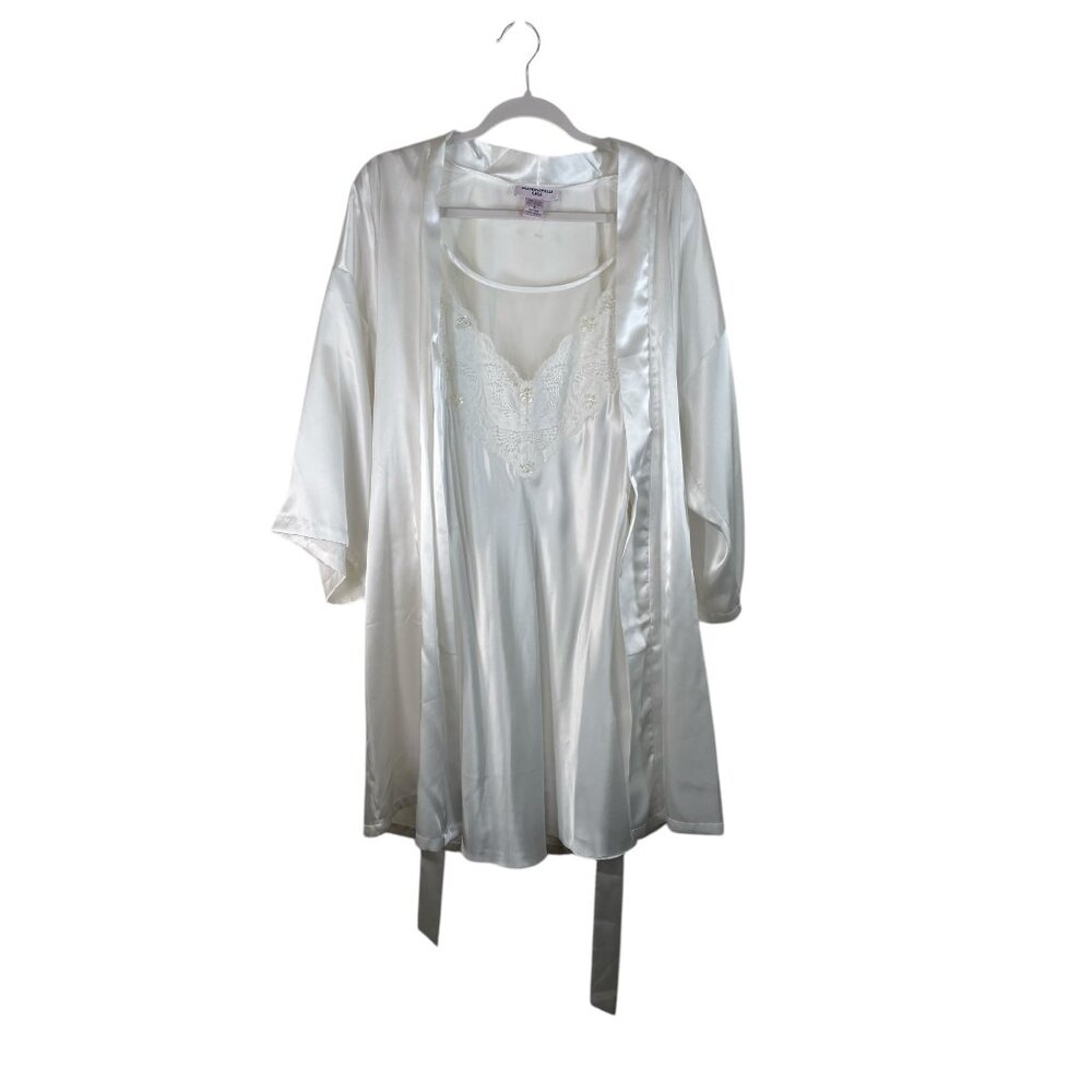 Mademoiselle Gigi Womens White Satin Robe & Chemise Set With Lace Trim Small